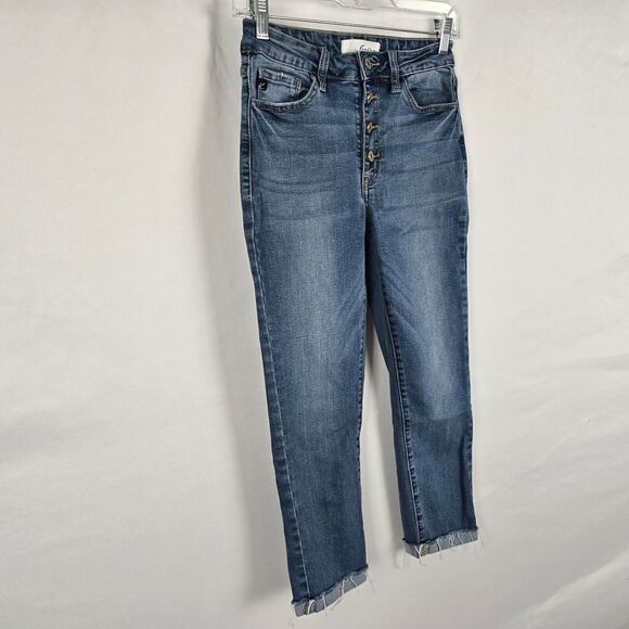 Kancan Jeans Women's 28 Blue Medium Wash Button Fly Rolled Raw Hem Cropped - Picture 14 of 16